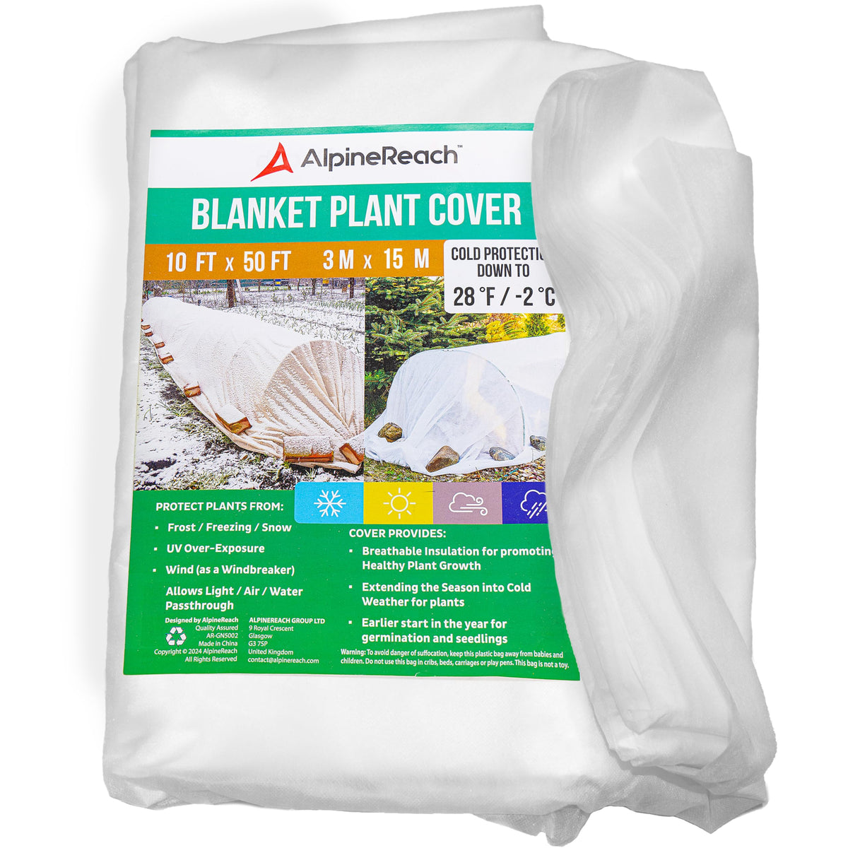 AlpineReach Plant Cover Frost Protection 10x50 ft shields crops from frost for extended seasons.