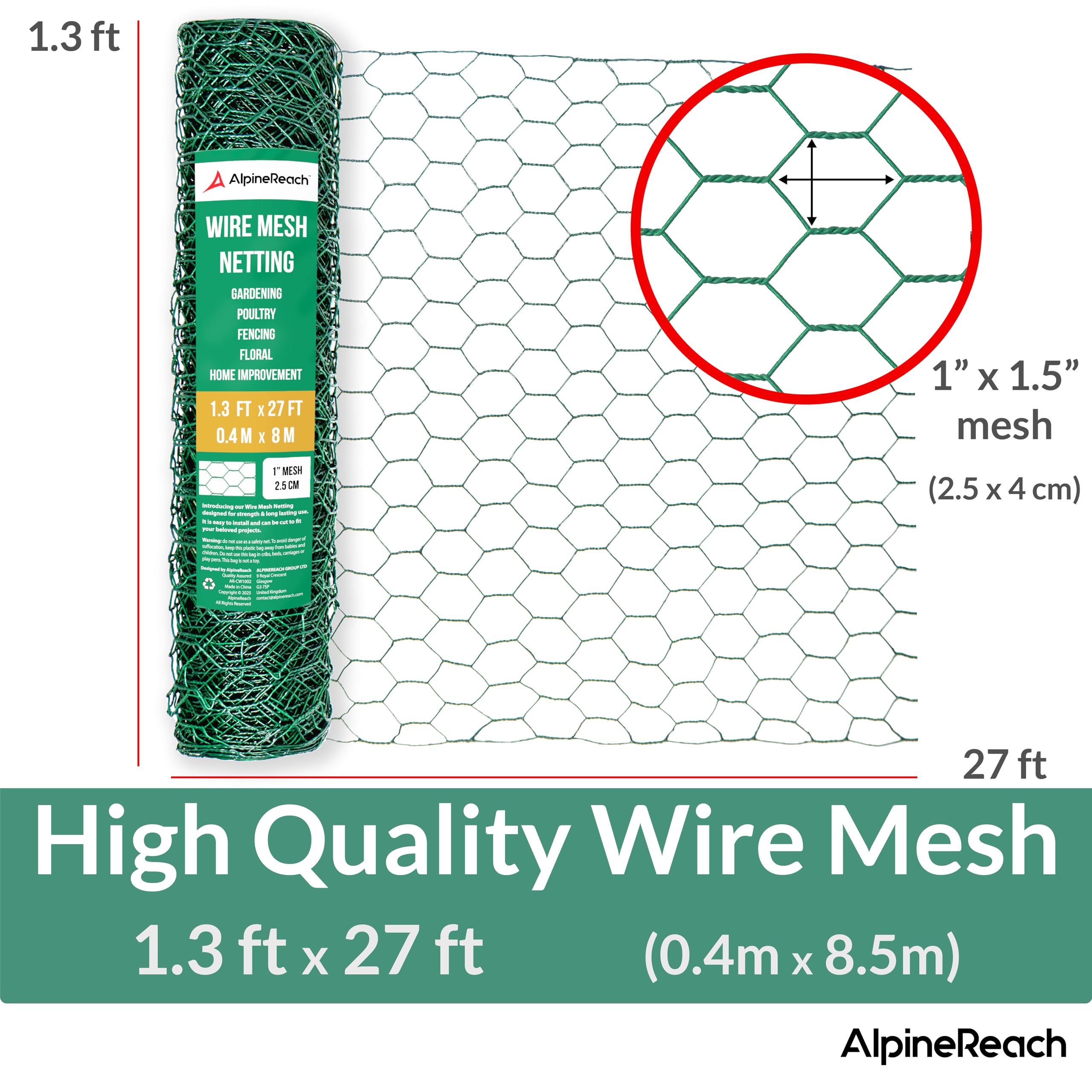 AlpineReach poultry fence grid 1in hex supports enclosures and trellises