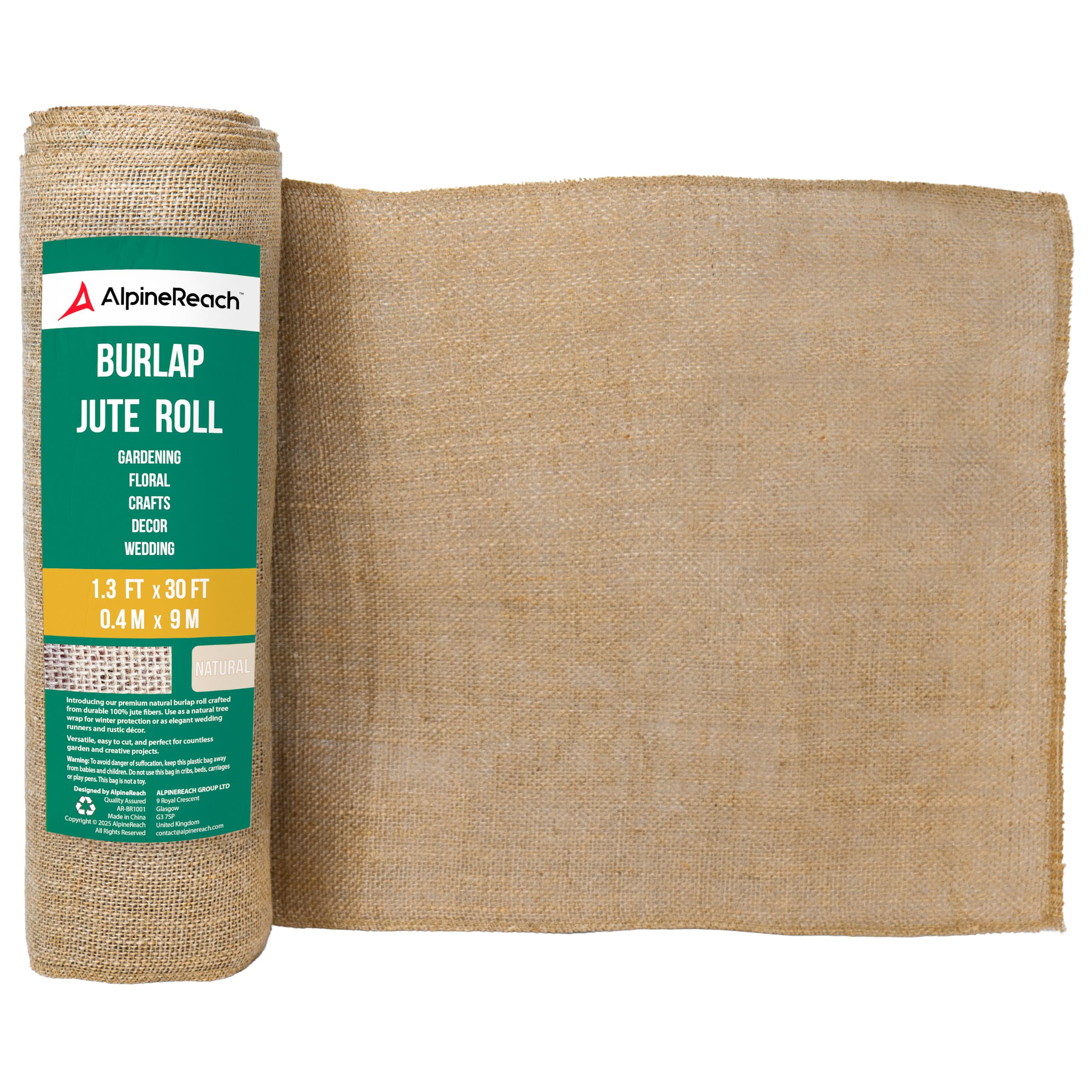 AlpineReach burlap roll 1.3ft wide for versatile outdoor and indoor projects.