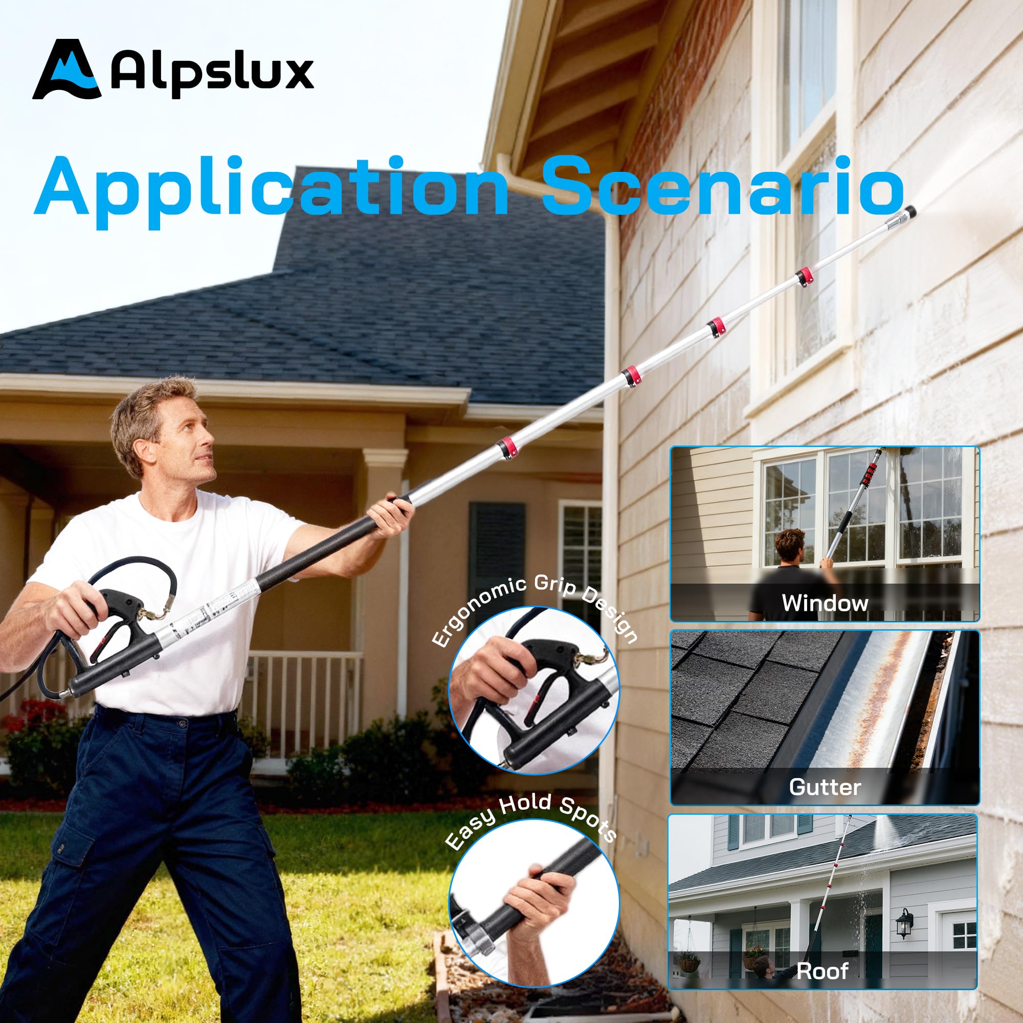 Alpslux brush head scrubs stubborn grime from gutters and roof lines.