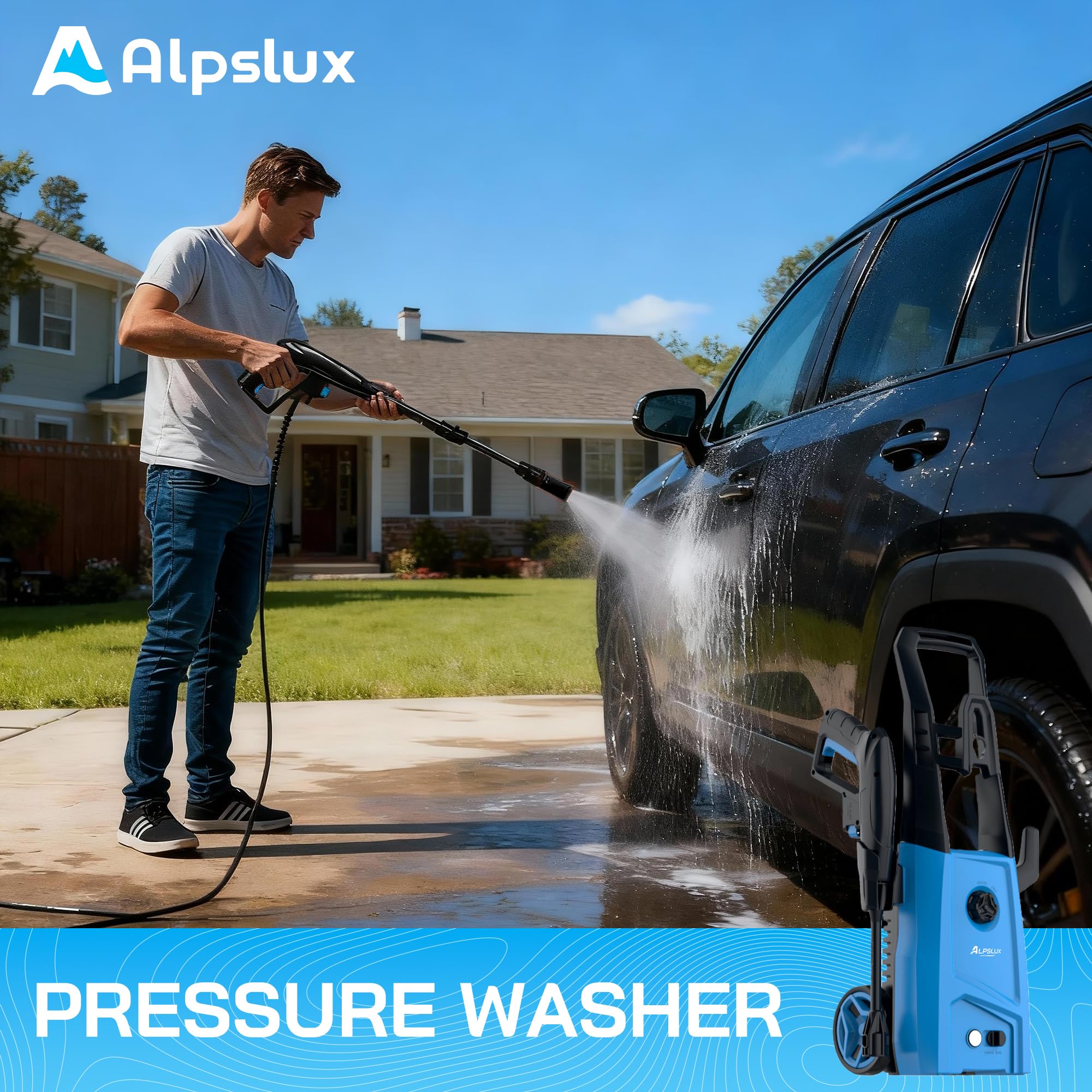 ALPSLUX foam cannon attached for thick foam on cars and fences.