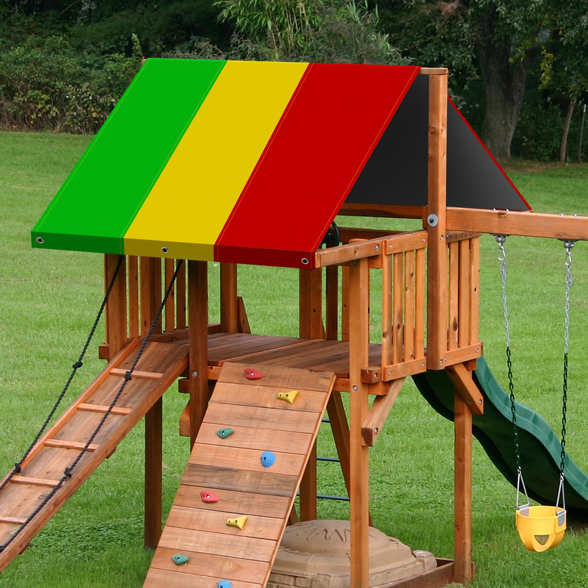 Alpurple swing tarp protects children from sun exposure during outdoor play.