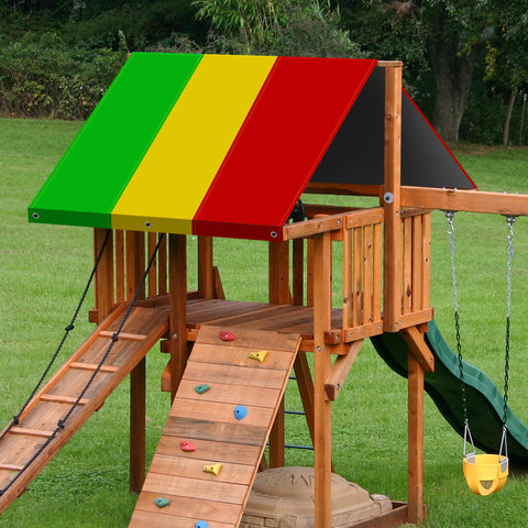 Alpurple swing tarp protects children from sun exposure during outdoor play.