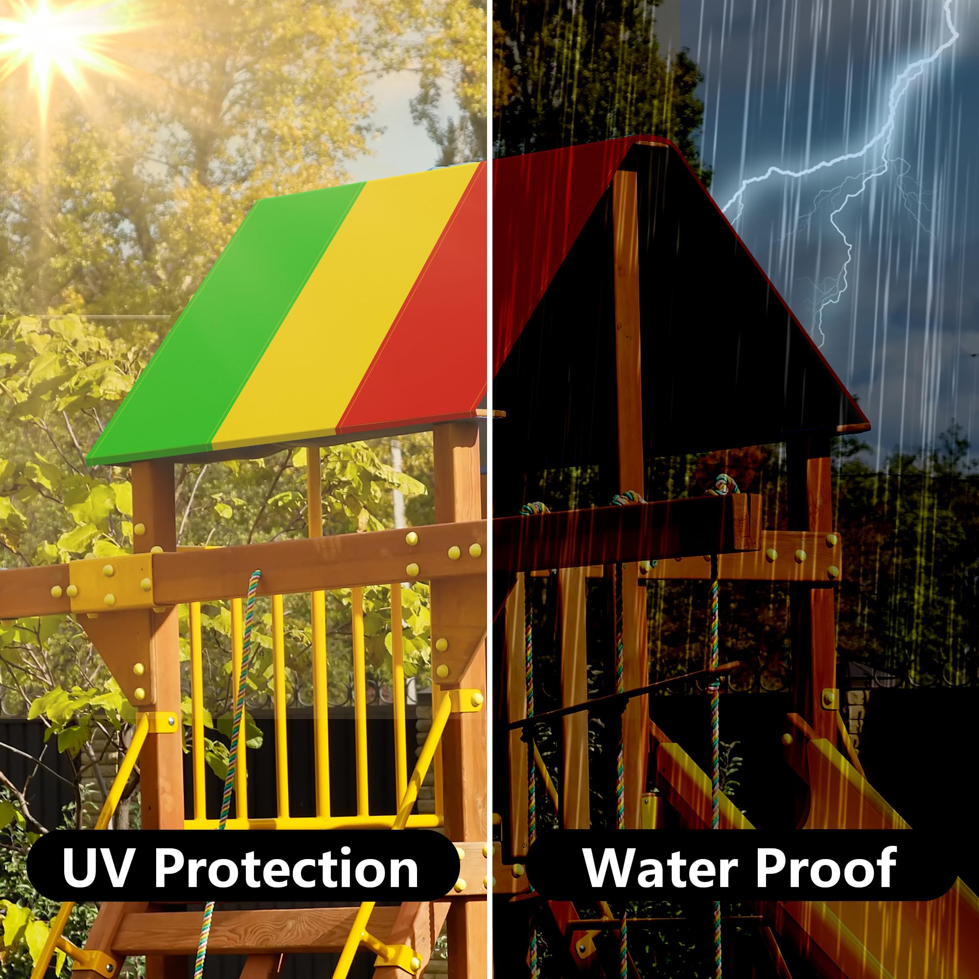 Alpurple tarp is waterproof for rainy-day playground use.
