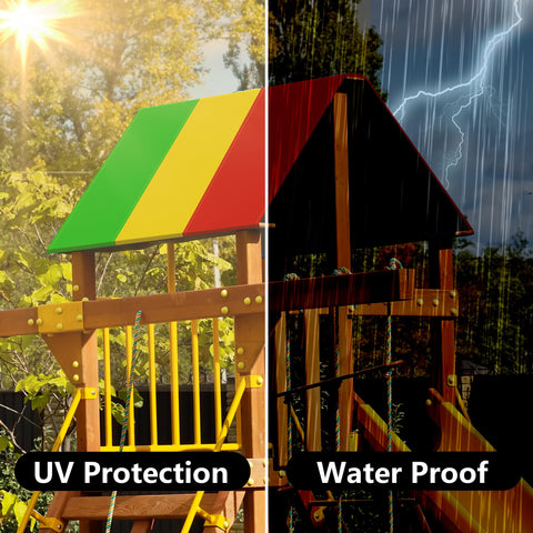 Alpurple tarp is waterproof for rainy-day playground use.