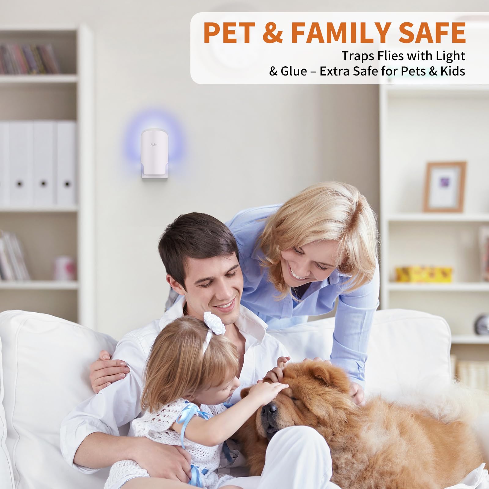Altaz Fly Trap Indoor silent operation in living room, no buzzing, discreet pest monitoring.