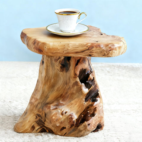ALTERMATE cedar stump stool used as a plant stand adds warmth.