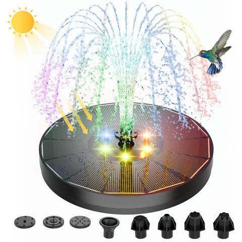ALUKIKI solar fountain with 4W pump and LED lights for vibrant outdoor display.