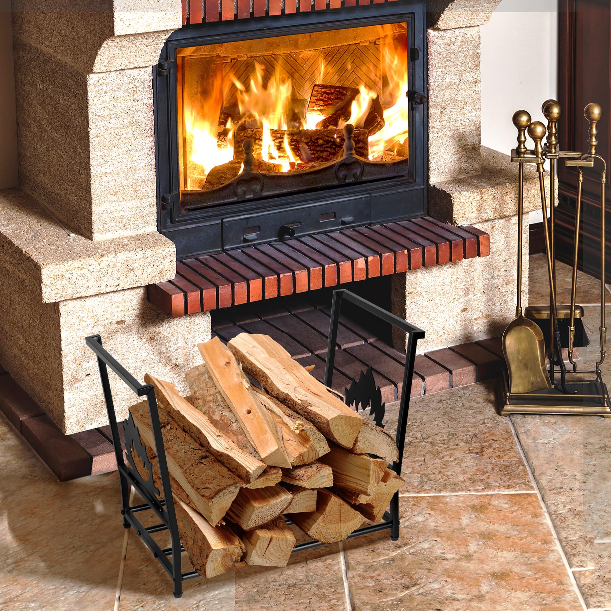 Alyoen black firewood rack featuring flame-pattern accents for decor.