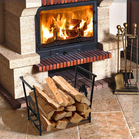 Alyoen black firewood rack featuring flame-pattern accents for decor.