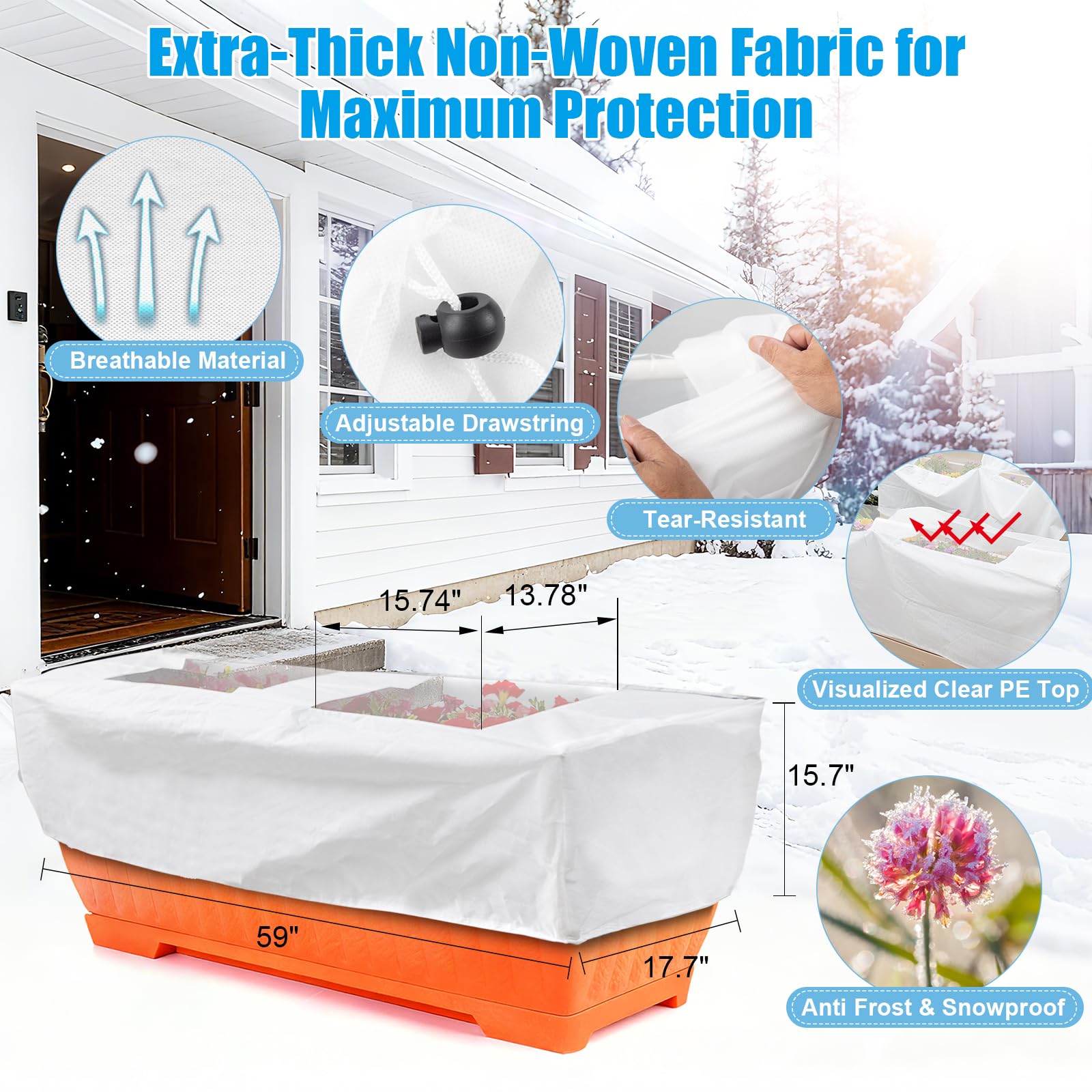 ALYSTER drawstring frost protection cover secures pots against wind and cold.