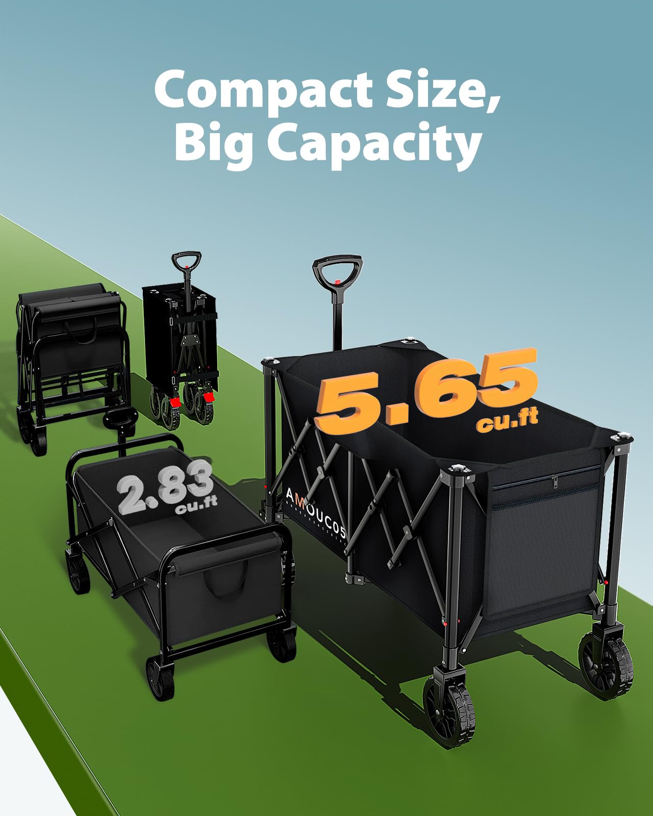 AMADA HOMEFURNISHING wagon shows 160L capacity for groceries and gear.