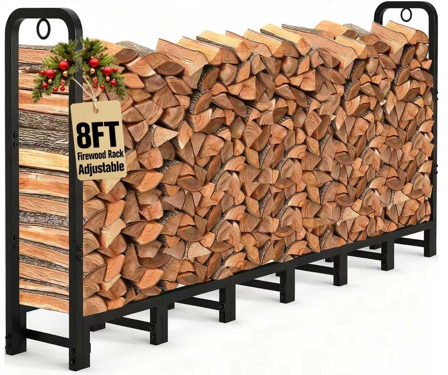 Amagabeli 8ft firewood rack outdoors with heavy-duty frame for porch storage