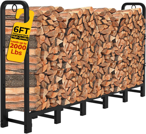AMAGABELI 6ft firewood rack assembled on a patio, offering organized outdoor storage.