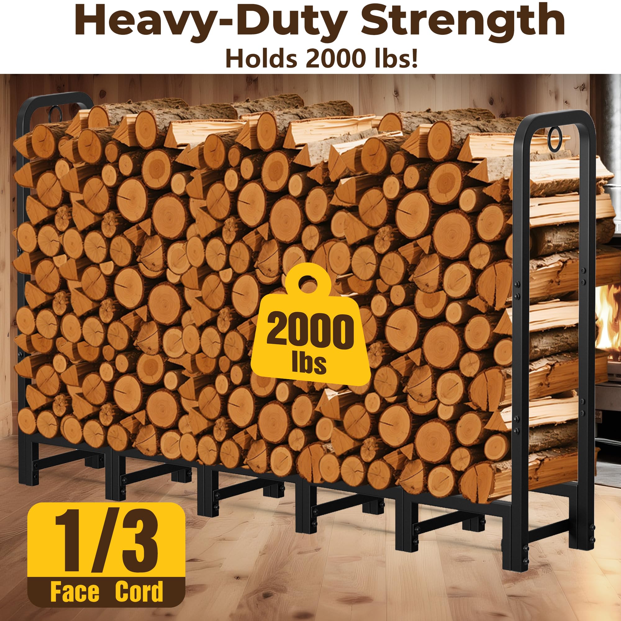 AMAGABELI durable tubular steel construction highlights robust support for heavy wood piles.
