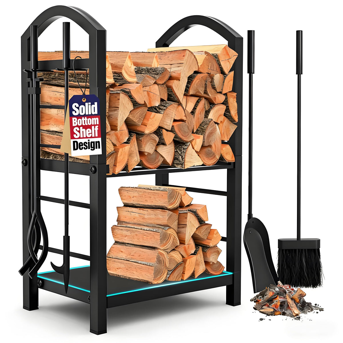 AMAGABELI firewood rack indoors with 2-tier base organizes logs neatly.