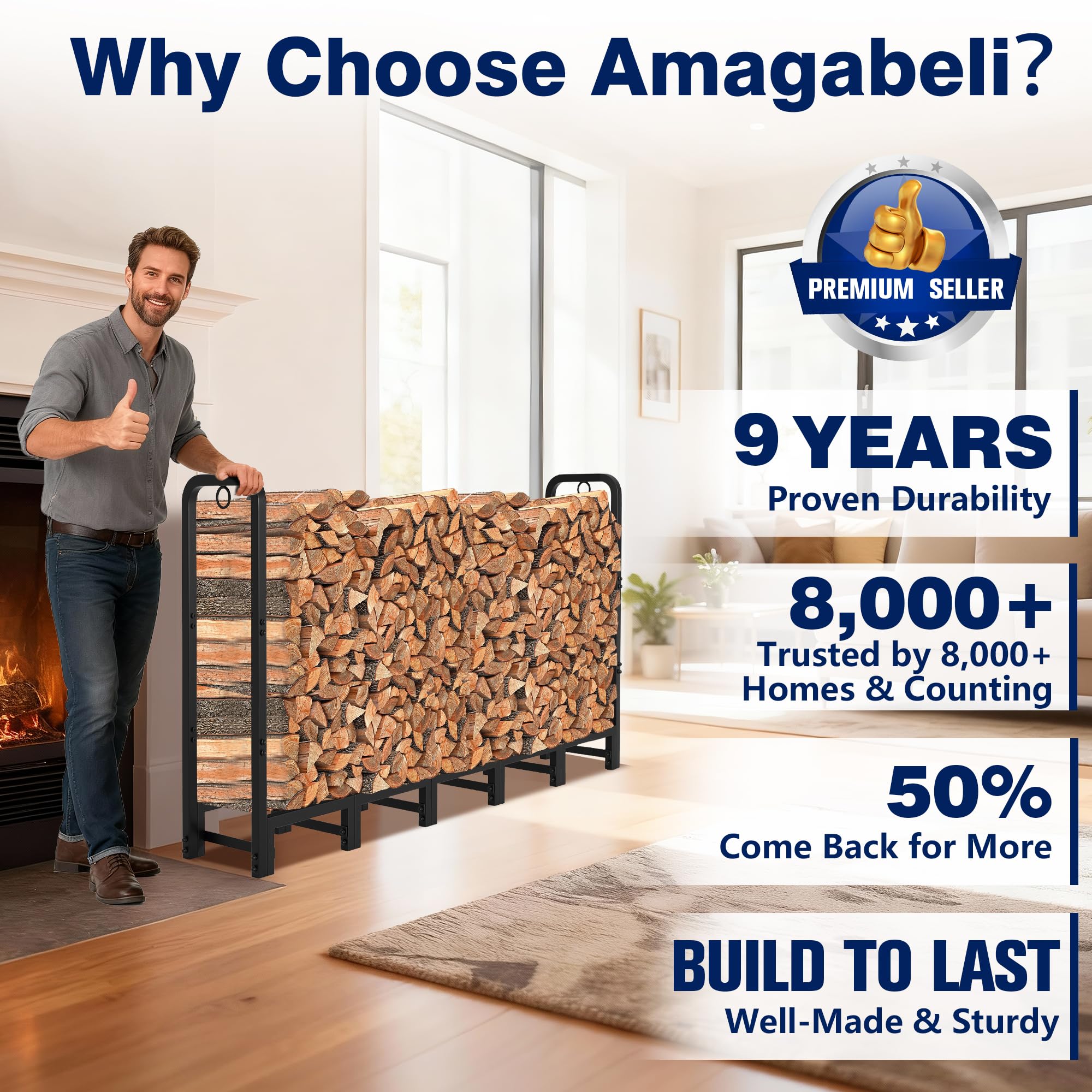 AMAGABELI outdoor firewood rack near a fire pit keeps logs accessible.