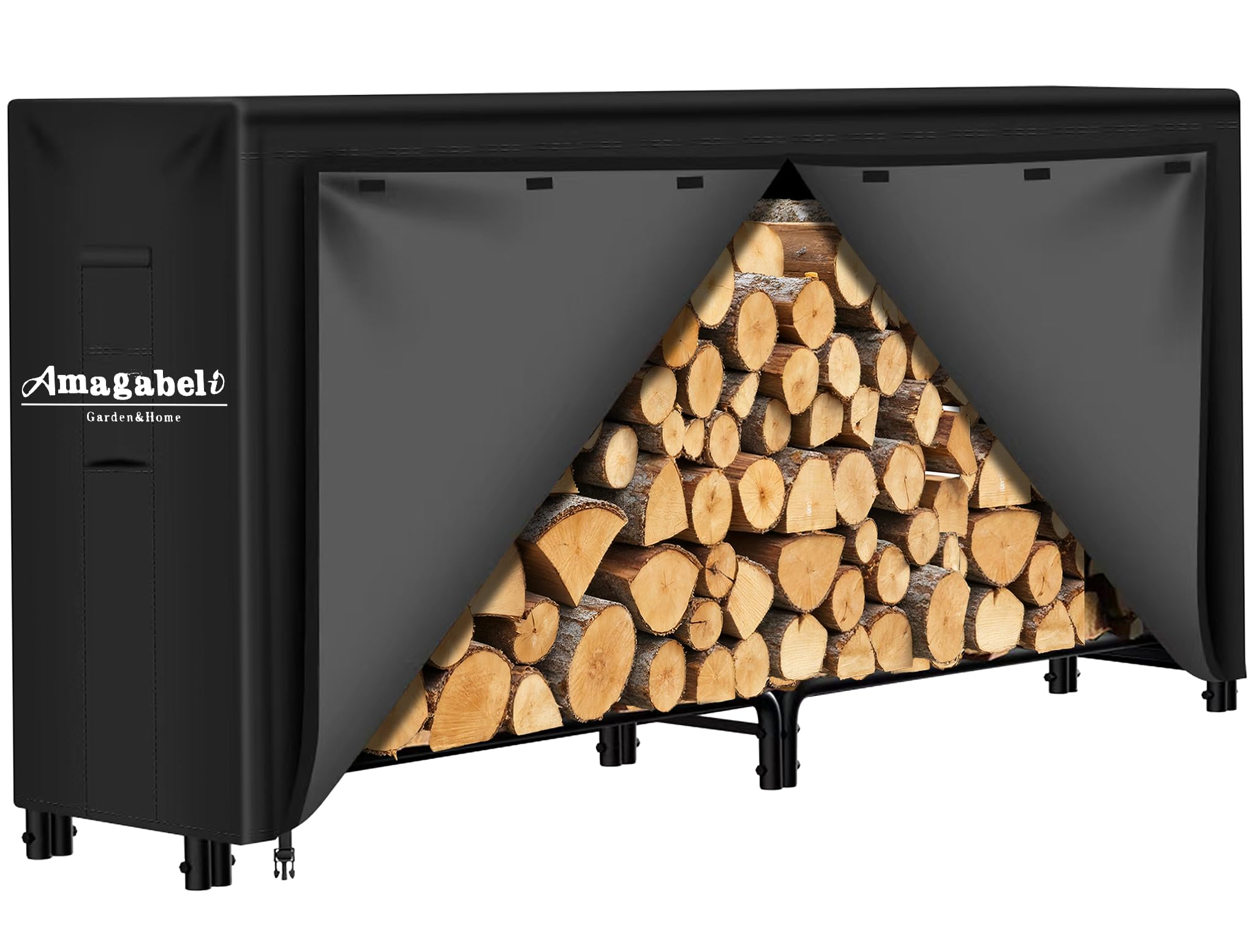 AMAGABELI GARDEN & HOME 8ft firewood cover on rack keeps wood dry and protected.
