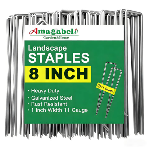 AMAGABELI GARDEN & HOME 8-inch staples securing landscape fabric for durability.