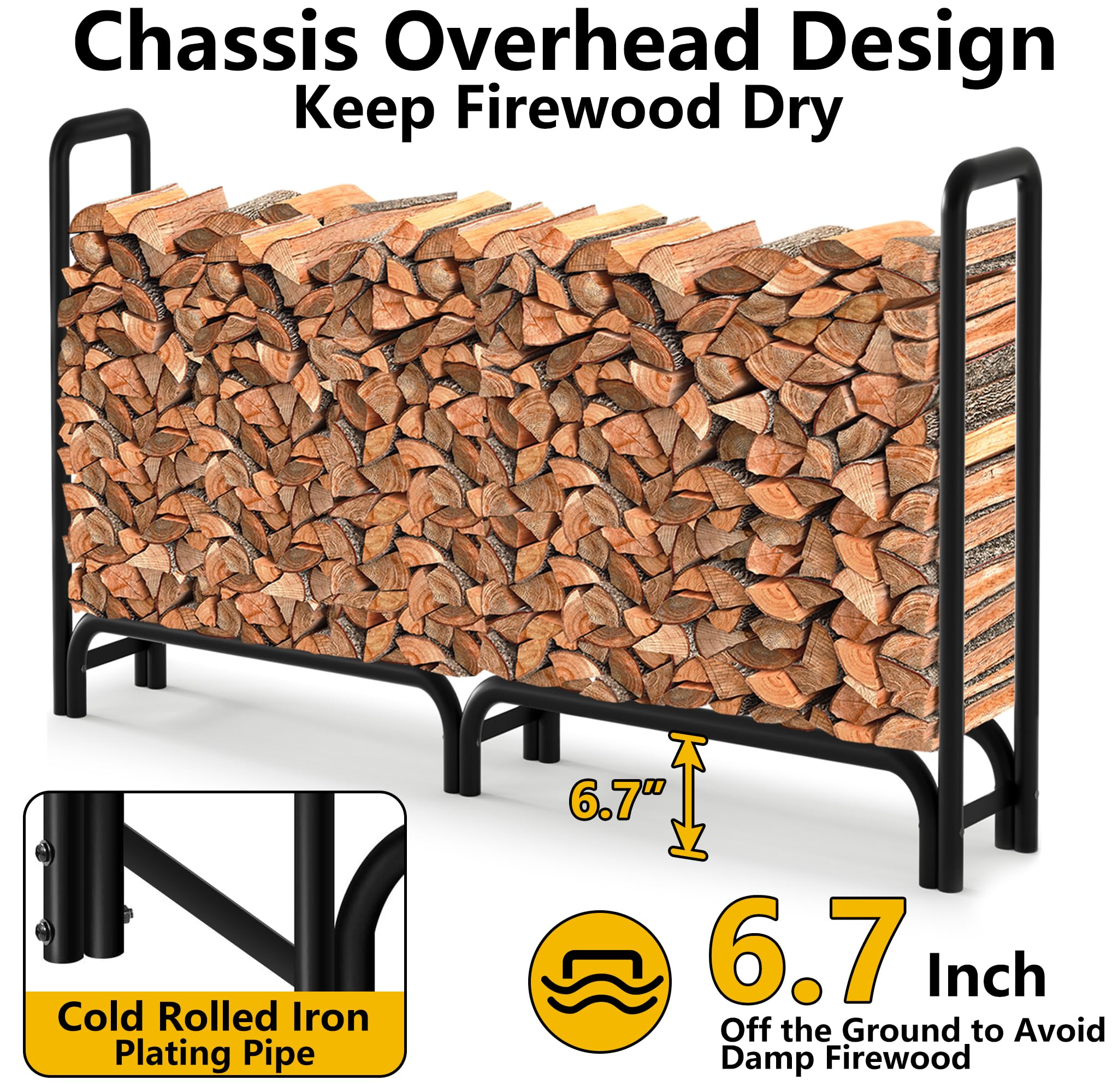 AMAGABELI outdoor log rack on a patio for year‑round storage.
