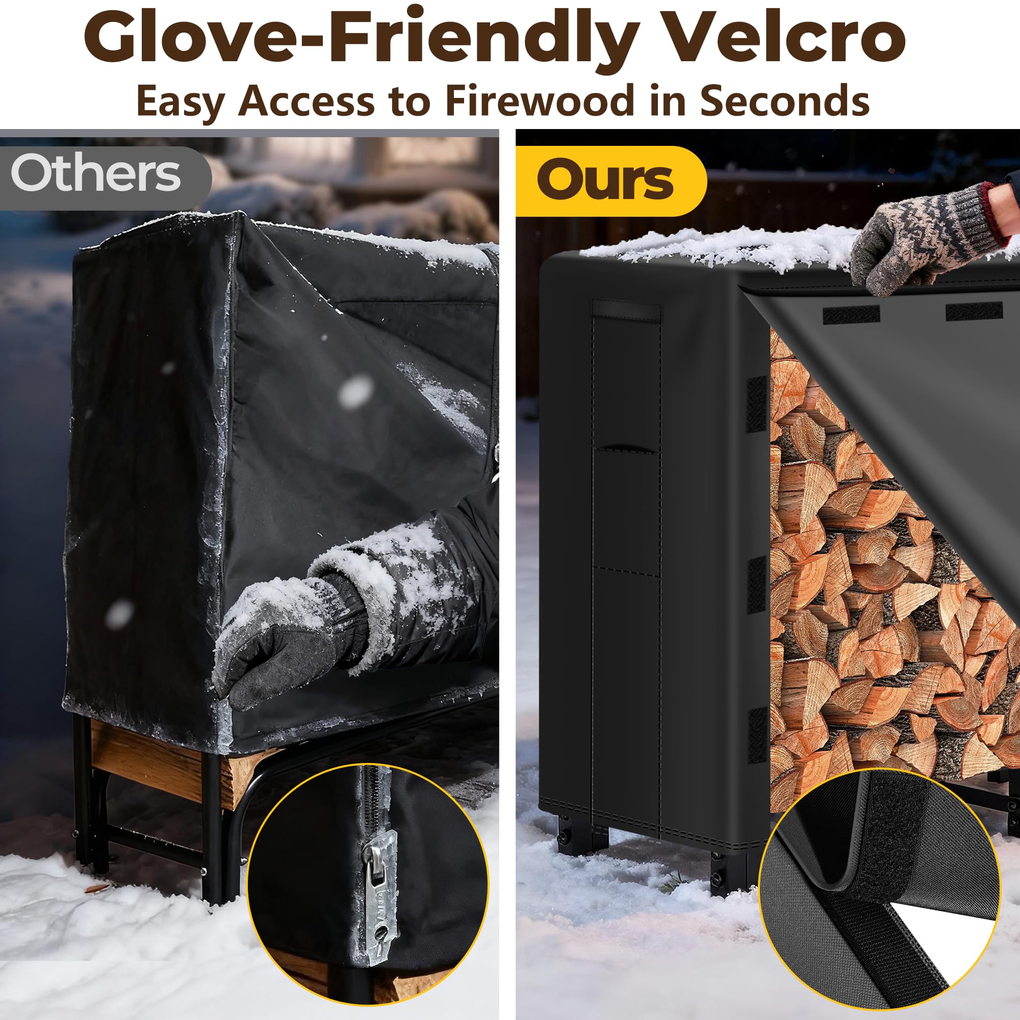 AMAGABELI weather‑resistant storage protects logs near a fire pit.