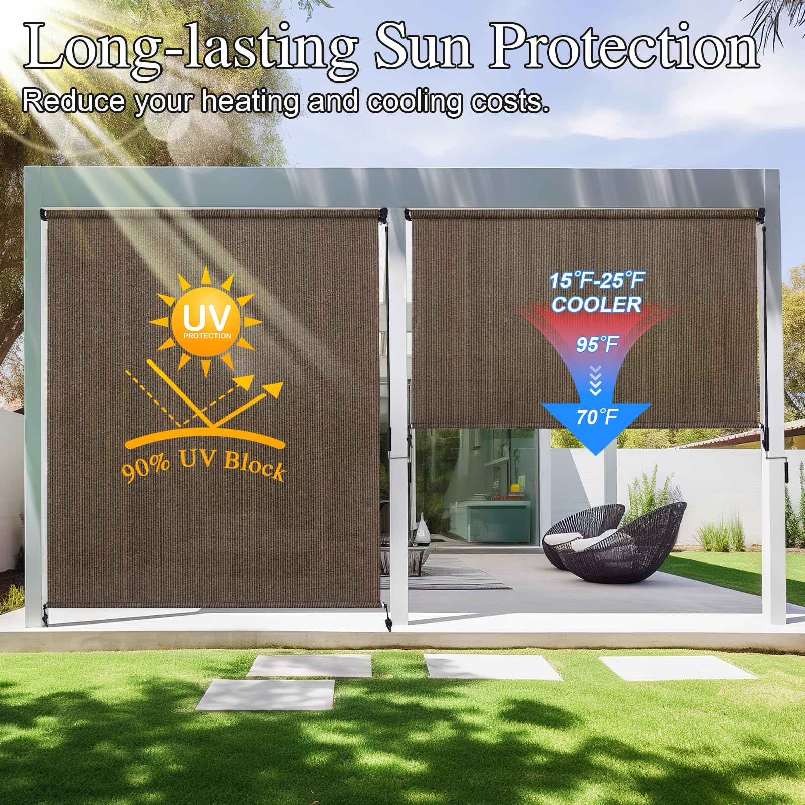 Amagenix roller shade fabric closeup shows UV-blocking HDPE for cooler outdoor spaces.