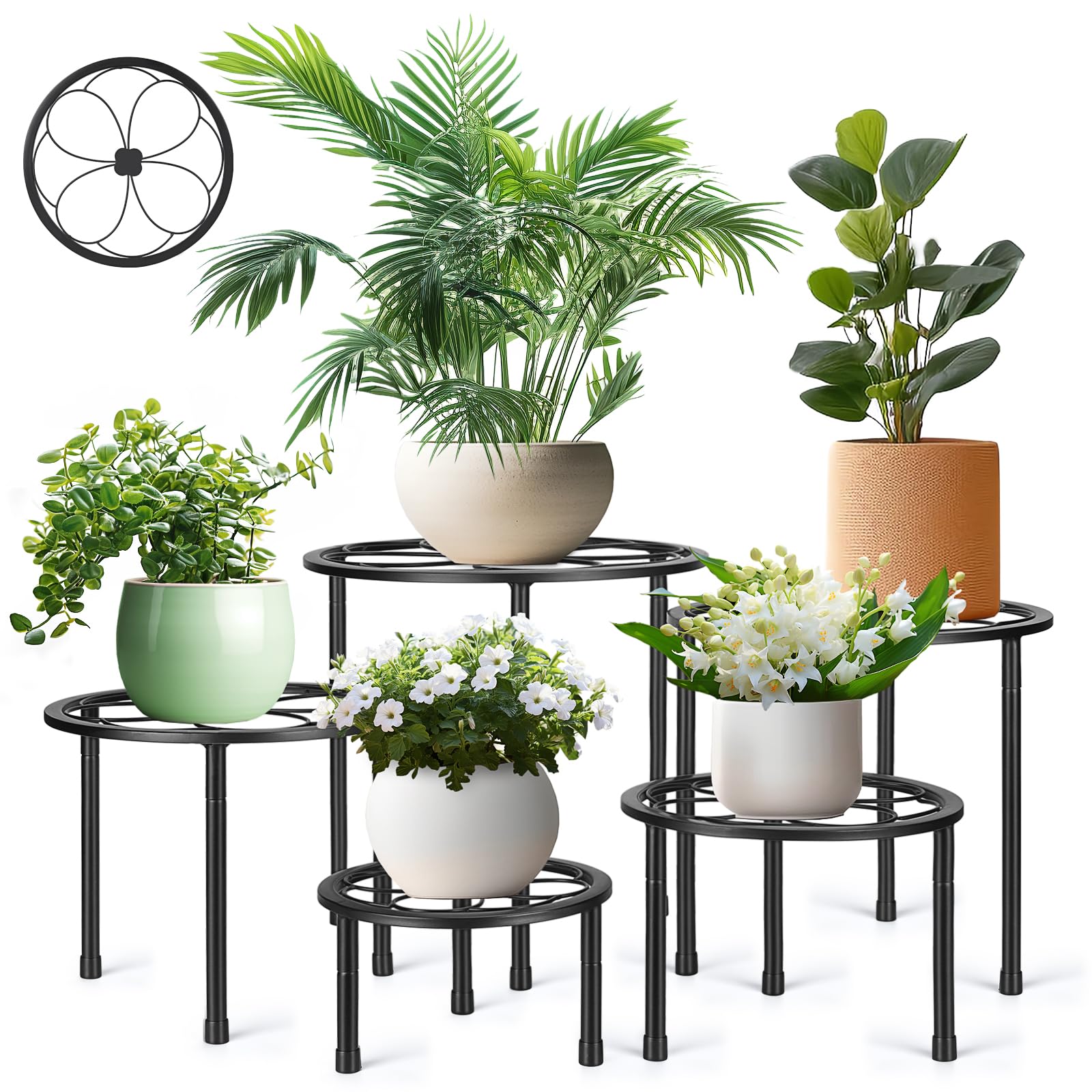 Amaoot 5-pack metal plant stands in black for indoor and outdoor use, holding multiple pots.