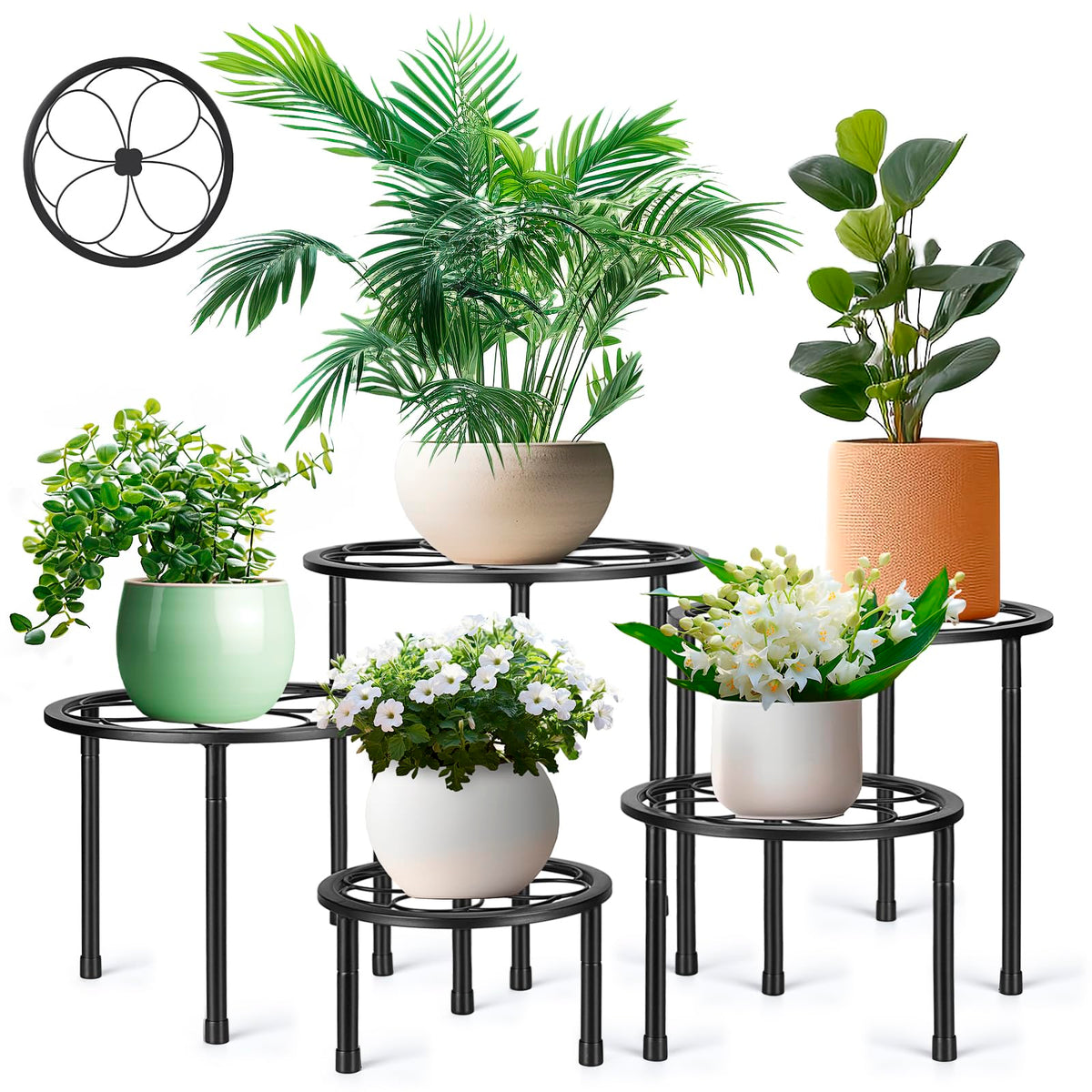 Amaoot 5-pack metal plant stands in black for indoor and outdoor use, holding multiple pots.