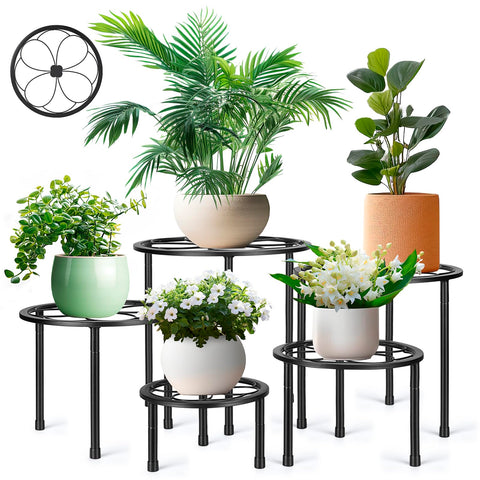 Amaoot 5-pack metal plant stands in black for indoor and outdoor use, holding multiple pots.
