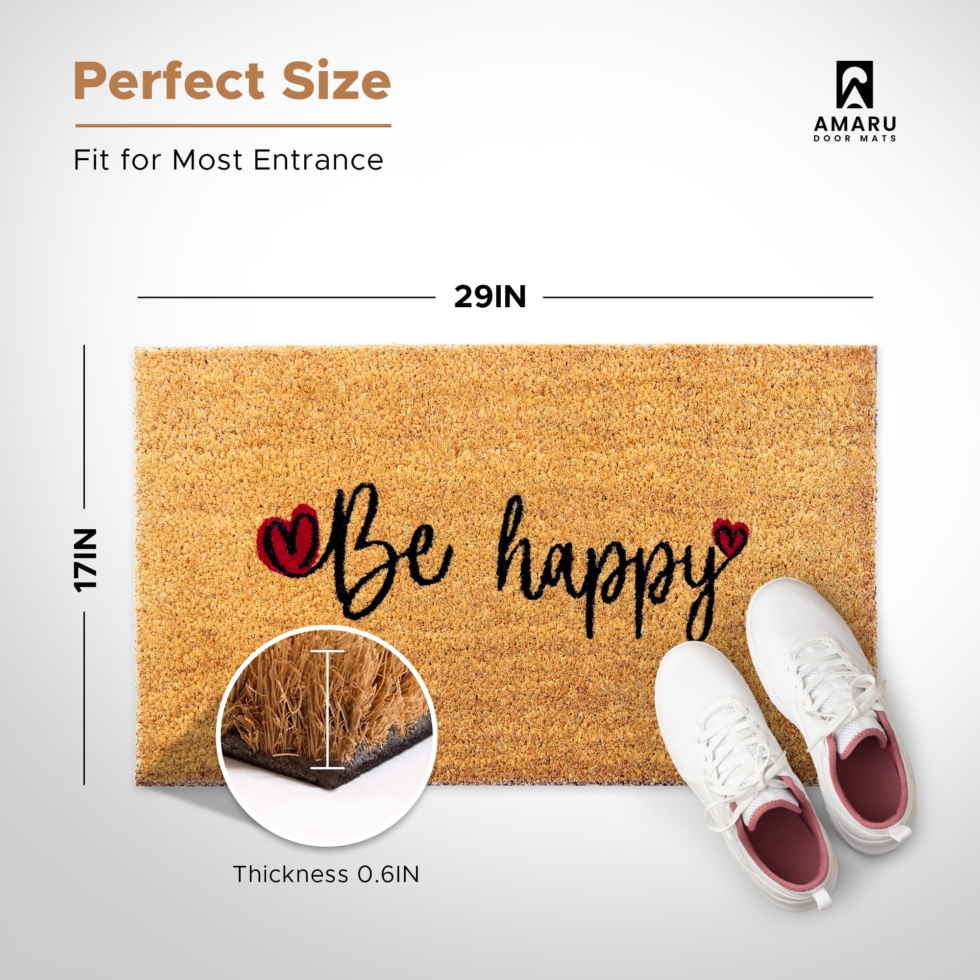 AMARU DOOR MATS Be Happy coir door mat anti-slip backing keeps entrances safe.