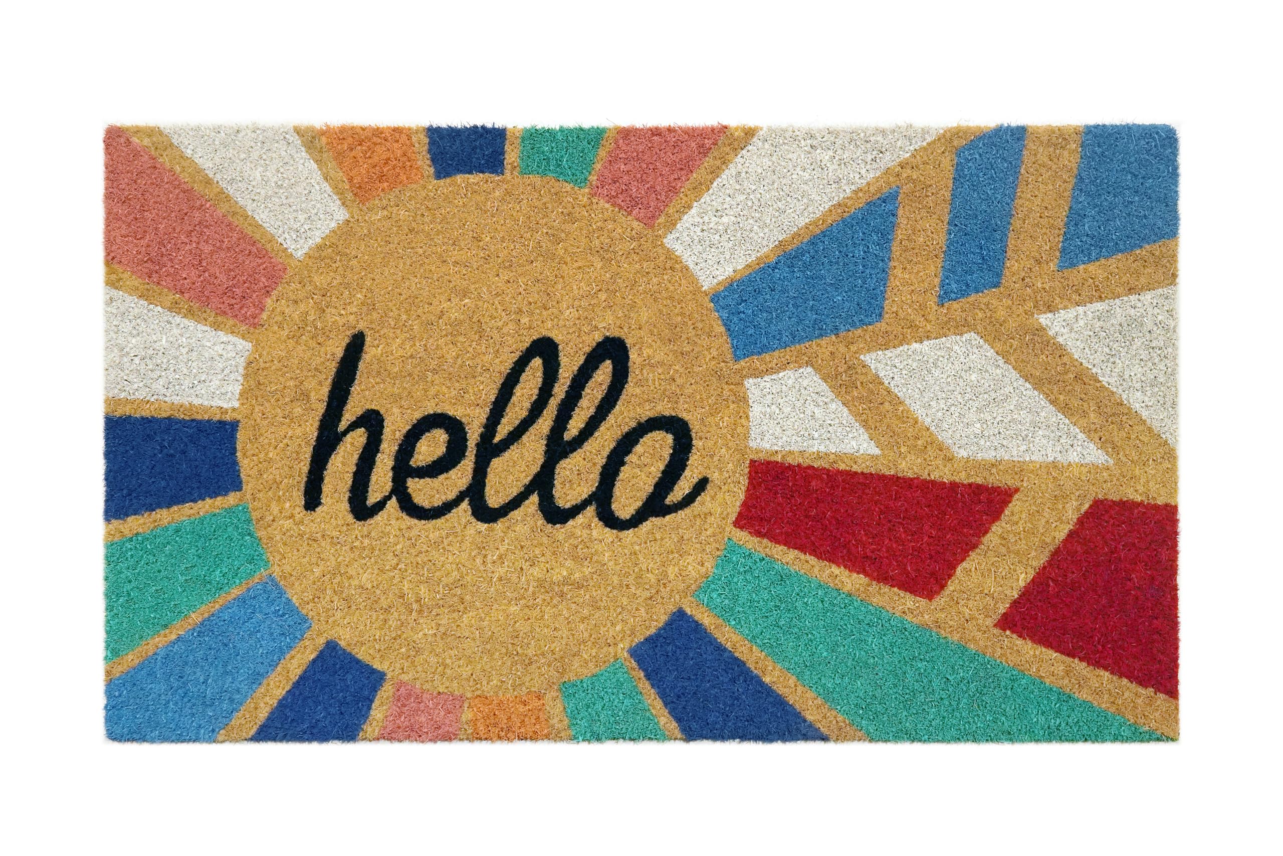 AMARU DOOR MATS Hello Colorful 17x29 coir mat front view traps dirt