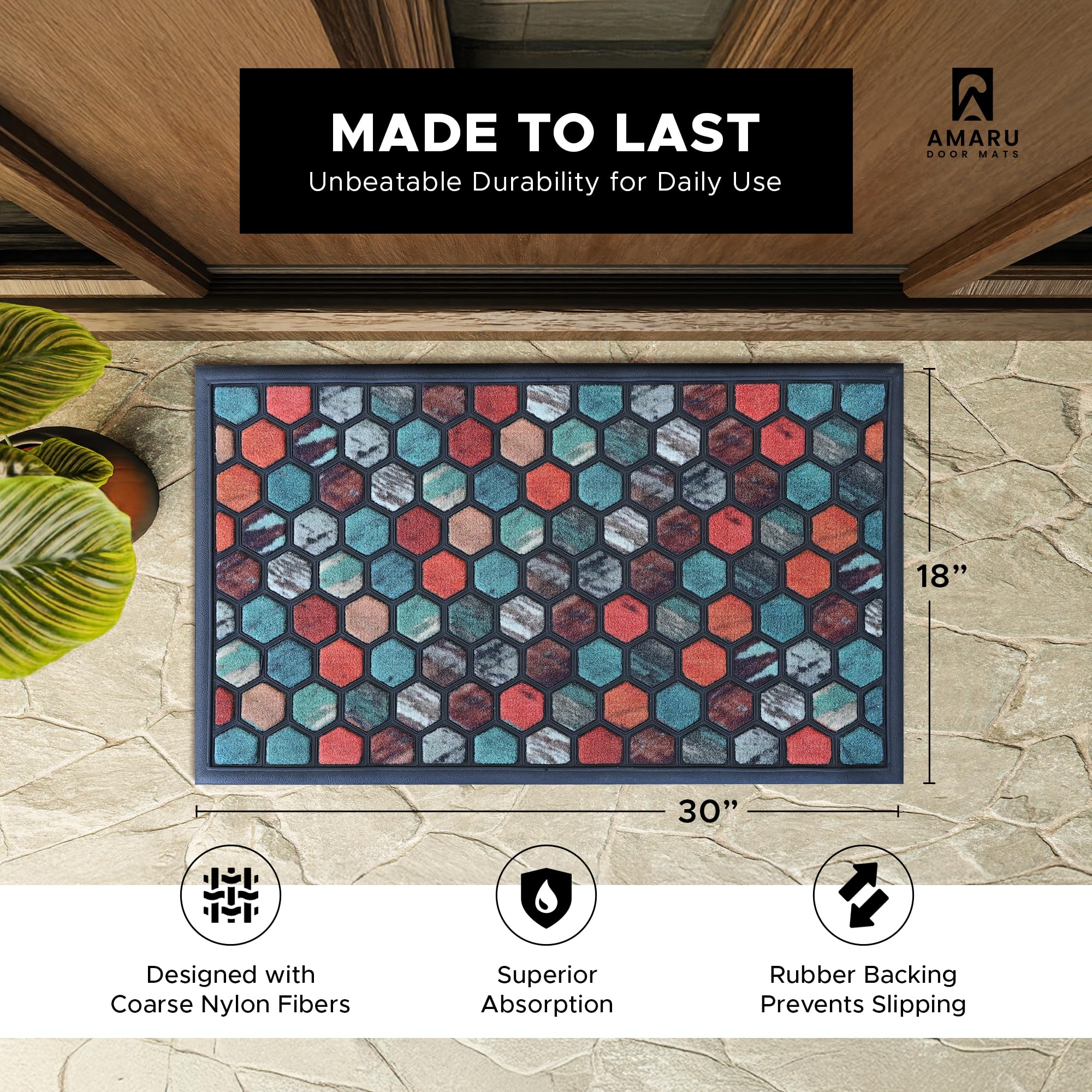 AMARU DOOR MATS Hive outdoor entryway mat offers non-slip grip for busy entrances.