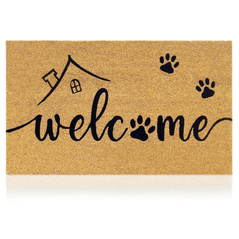 AMARU DOOR MATS Welcome Paws mat at entry with coconut fiber surface for dirt capture