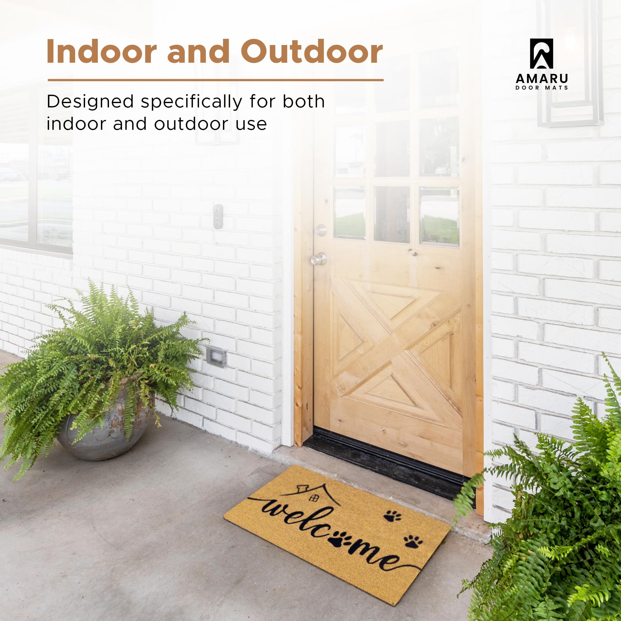 AMARU DOOR MATS Welcome Paws natural tone complements porch decor
