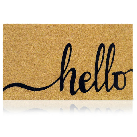 AMARU DOOR MATS Hello Classic 2 front view with coconut fiber surface trapping debris.