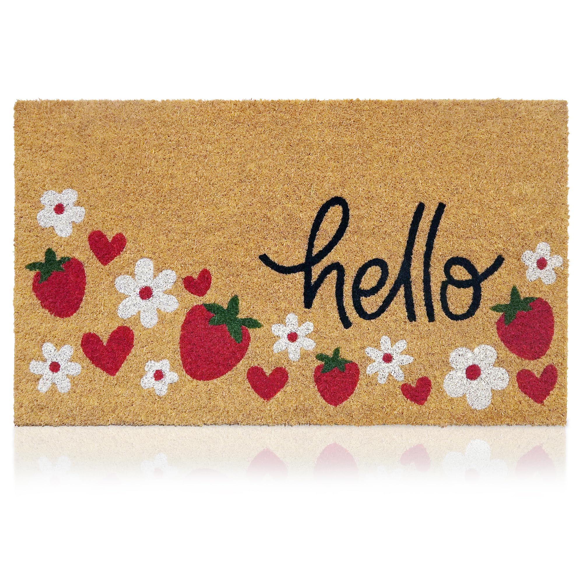AMARU Hello Strawberries mat front view highlighting natural coconut fiber design