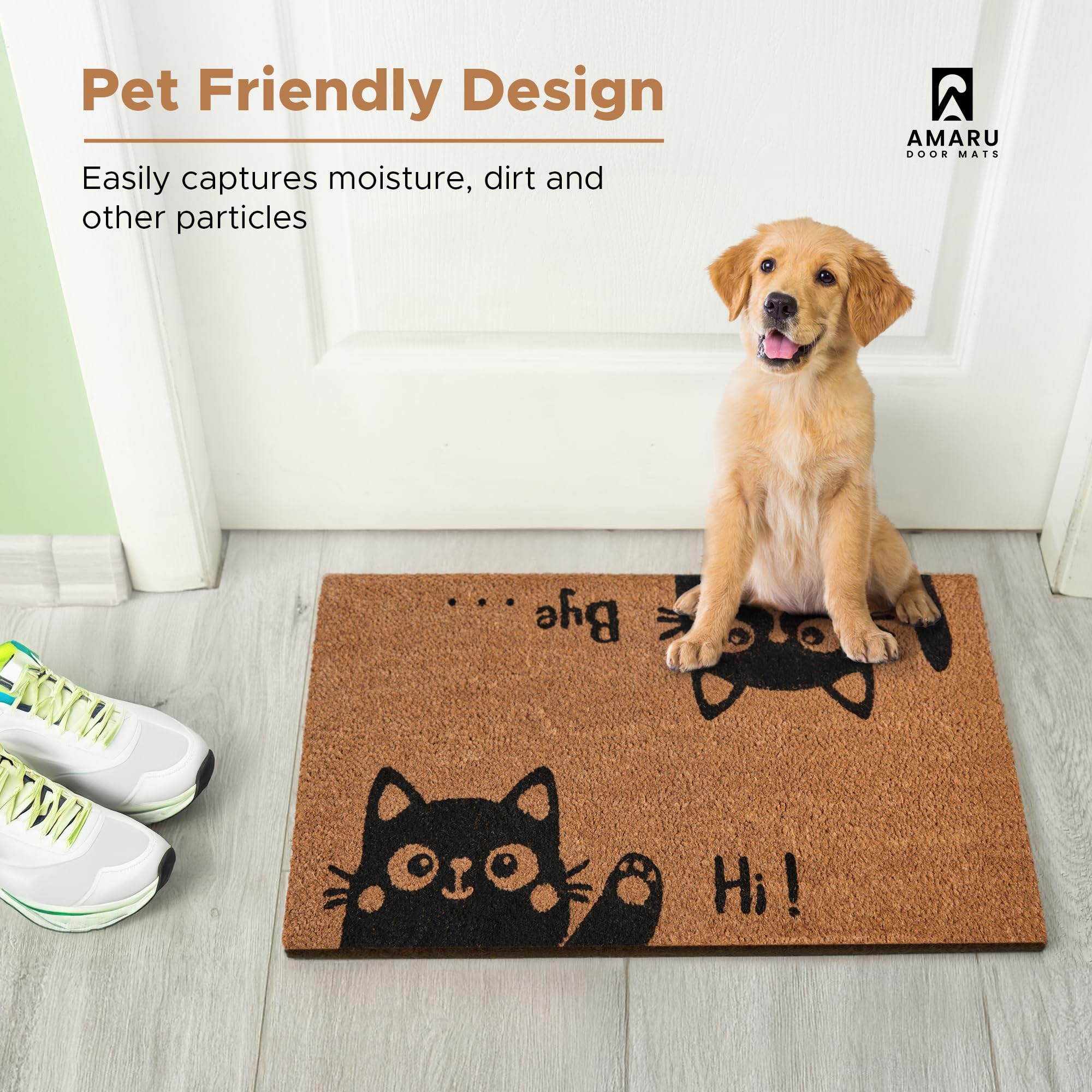 AMARU Hi-Bye Cat doormat, gift-ready packaging for new homeowners.