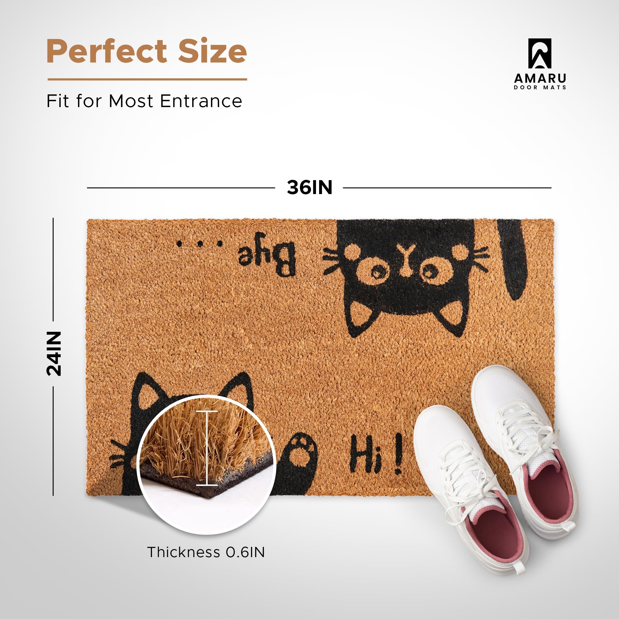 AMARU Hi-Bye Cat doormat, non-slip backing keeps entryways safe.