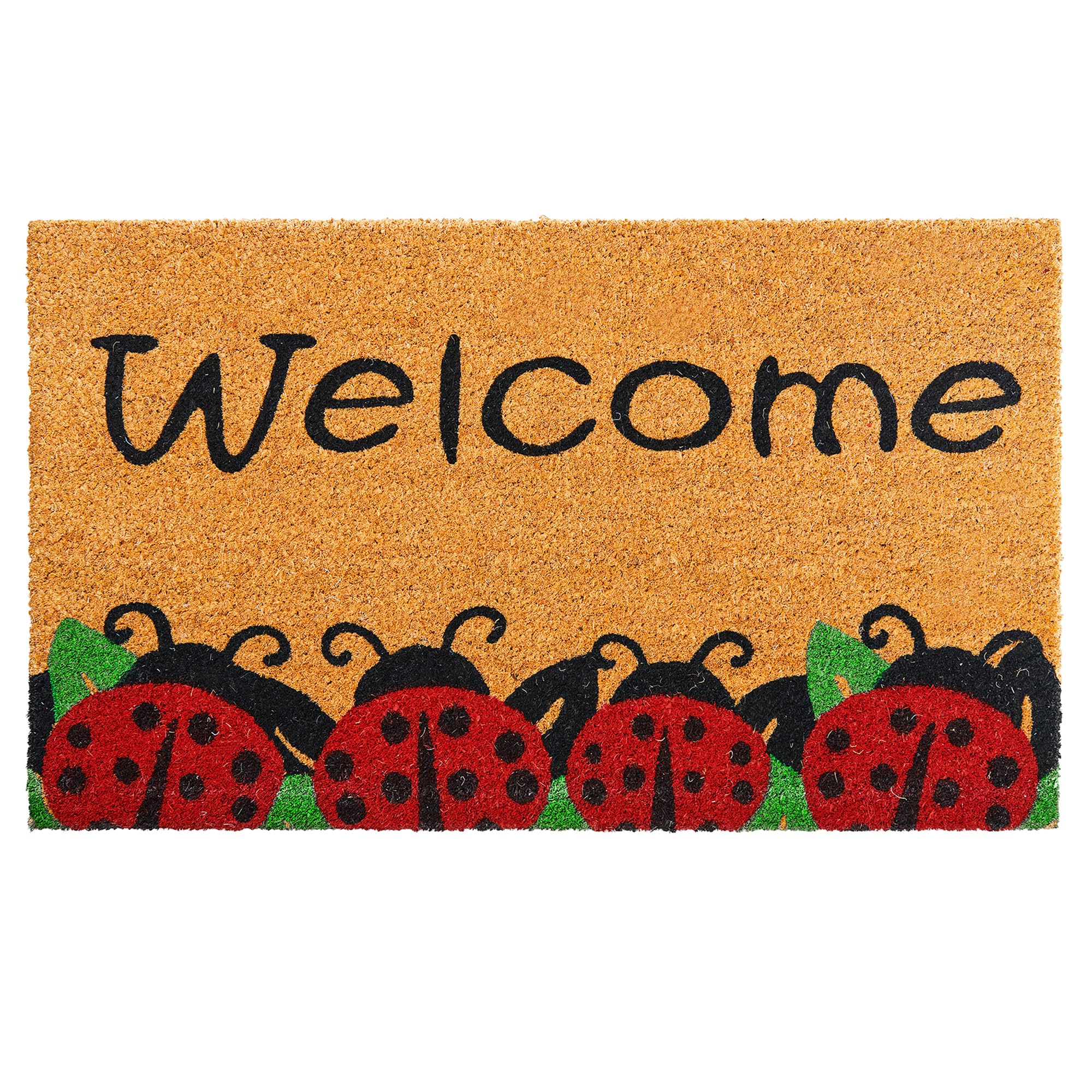 Amaru Ladybugs mat front view with welcoming design and durable coir surface