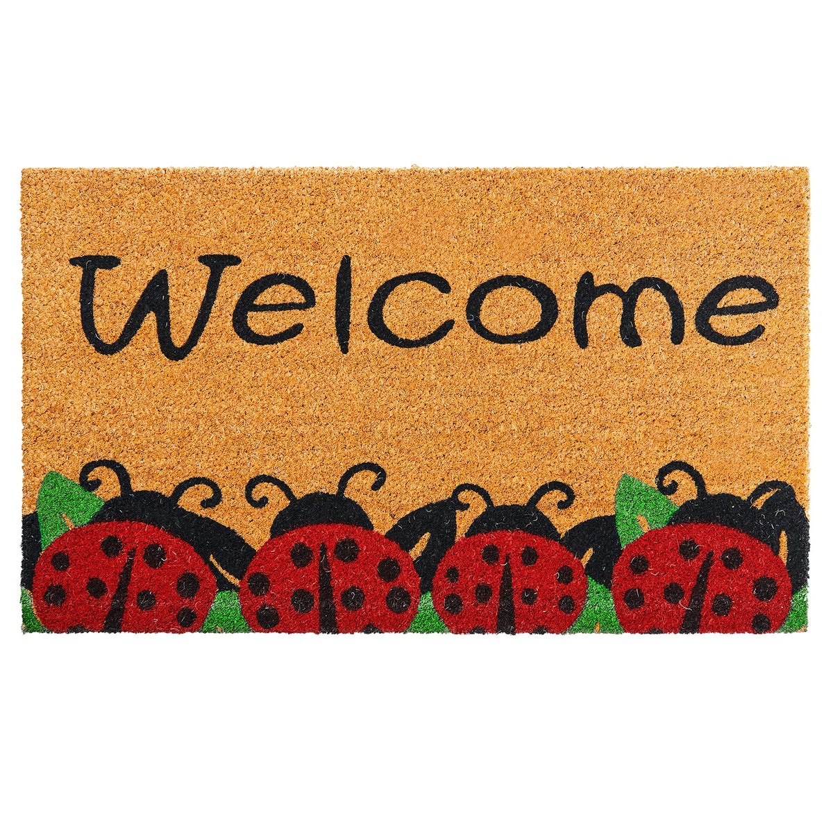 Amaru Ladybugs mat front view with welcoming design and durable coir surface