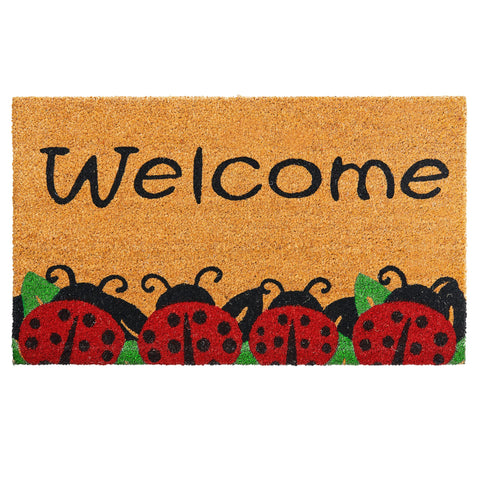 Amaru Ladybugs mat front view with welcoming design and durable coir surface