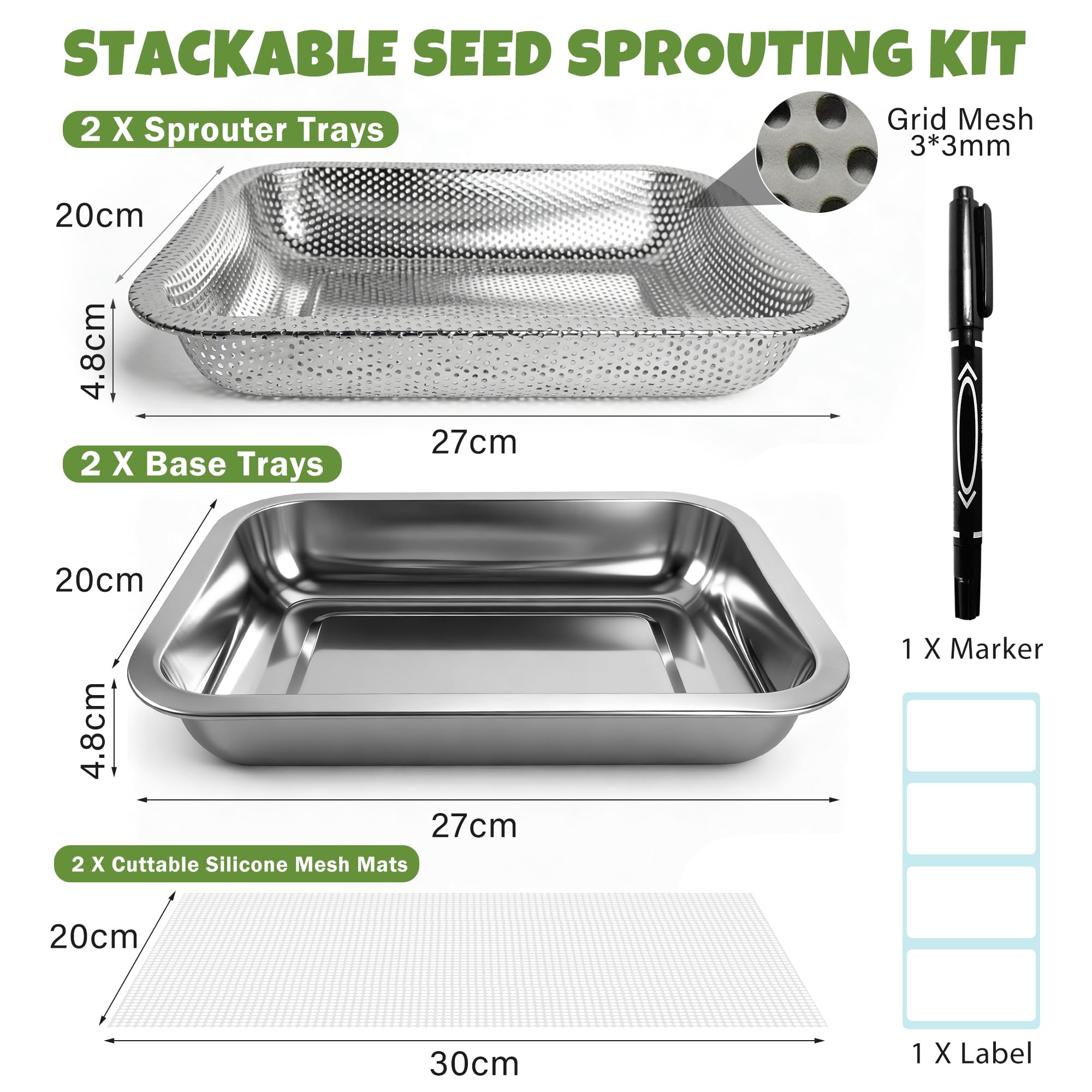 Complete 2-tray kit with mesh pads enhances home sprouting.