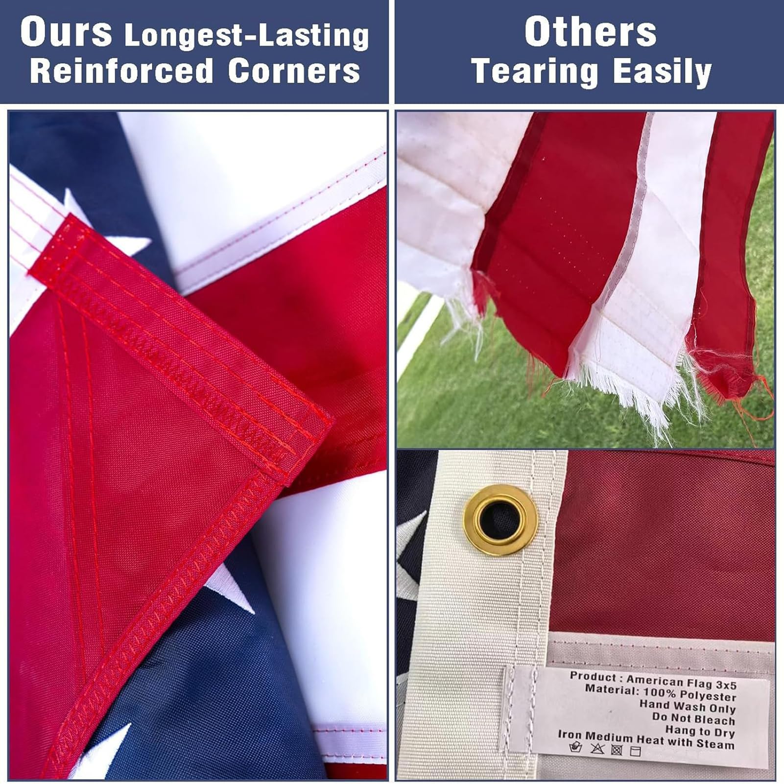 Amazing Flag Kingdom reinforced-corners closeup, double-layer corners resist tearing