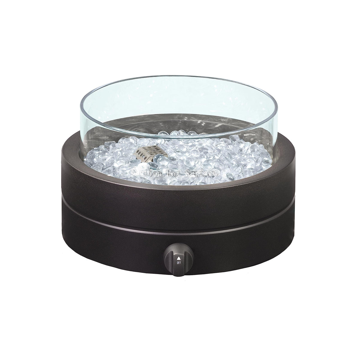 Amazon Basics 14-Inch Round Fire Pit mounted through umbrella hole for tabletop dining
