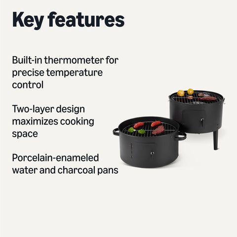 Amazon Basics 16-inch vertical charcoal smoker built-in thermometer highlights precise temperature control