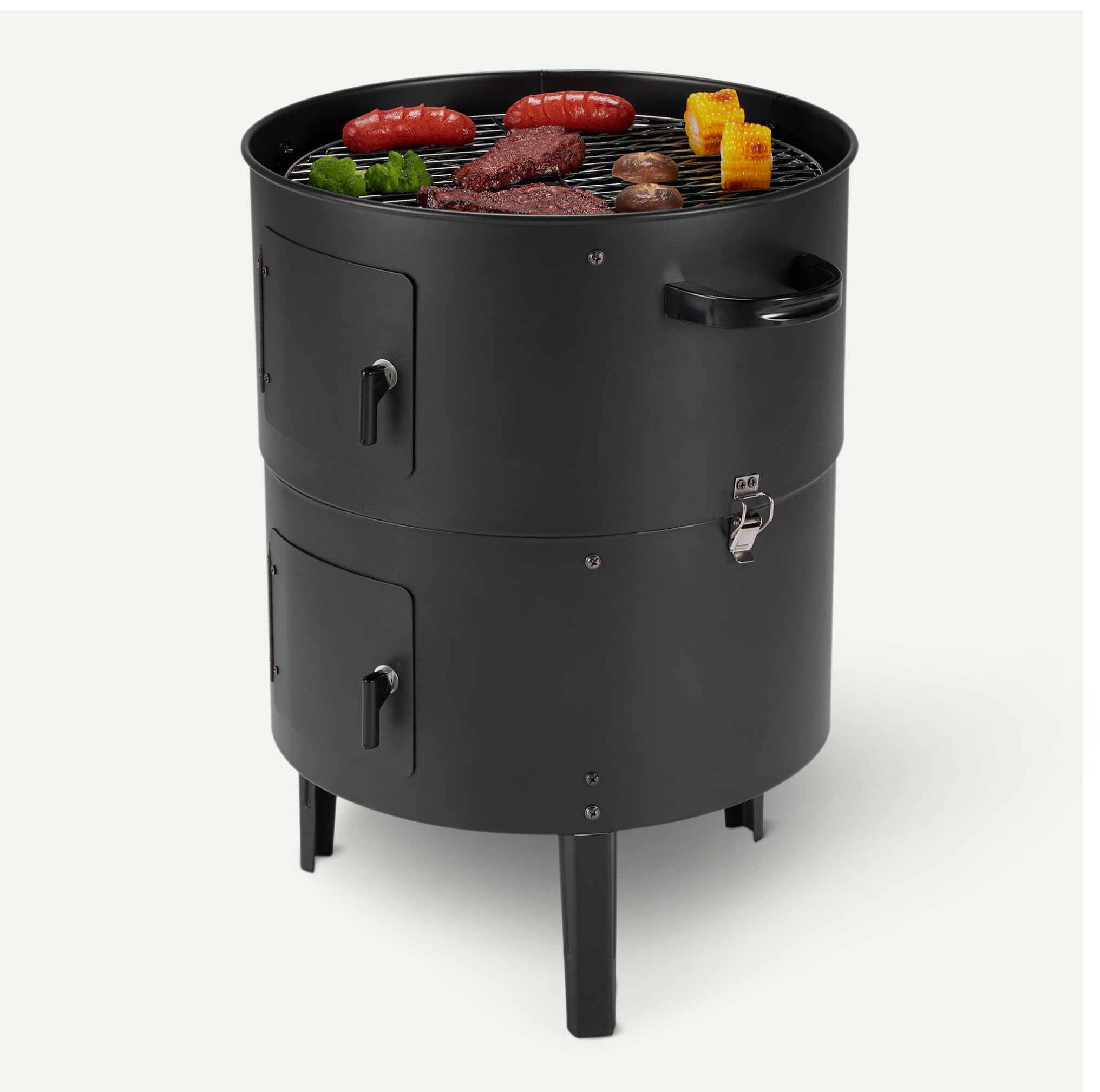 Amazon Basics vertical smoker interior shows two cooking layers for simultaneous batches
