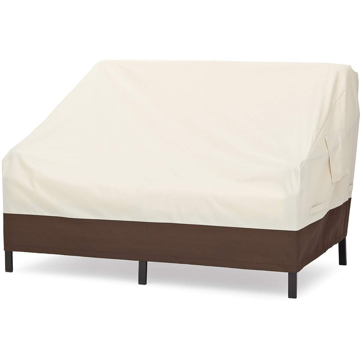 Amazon Basics 2-seater deep lounge sofa cover protects against rain and snow for outdoor use.