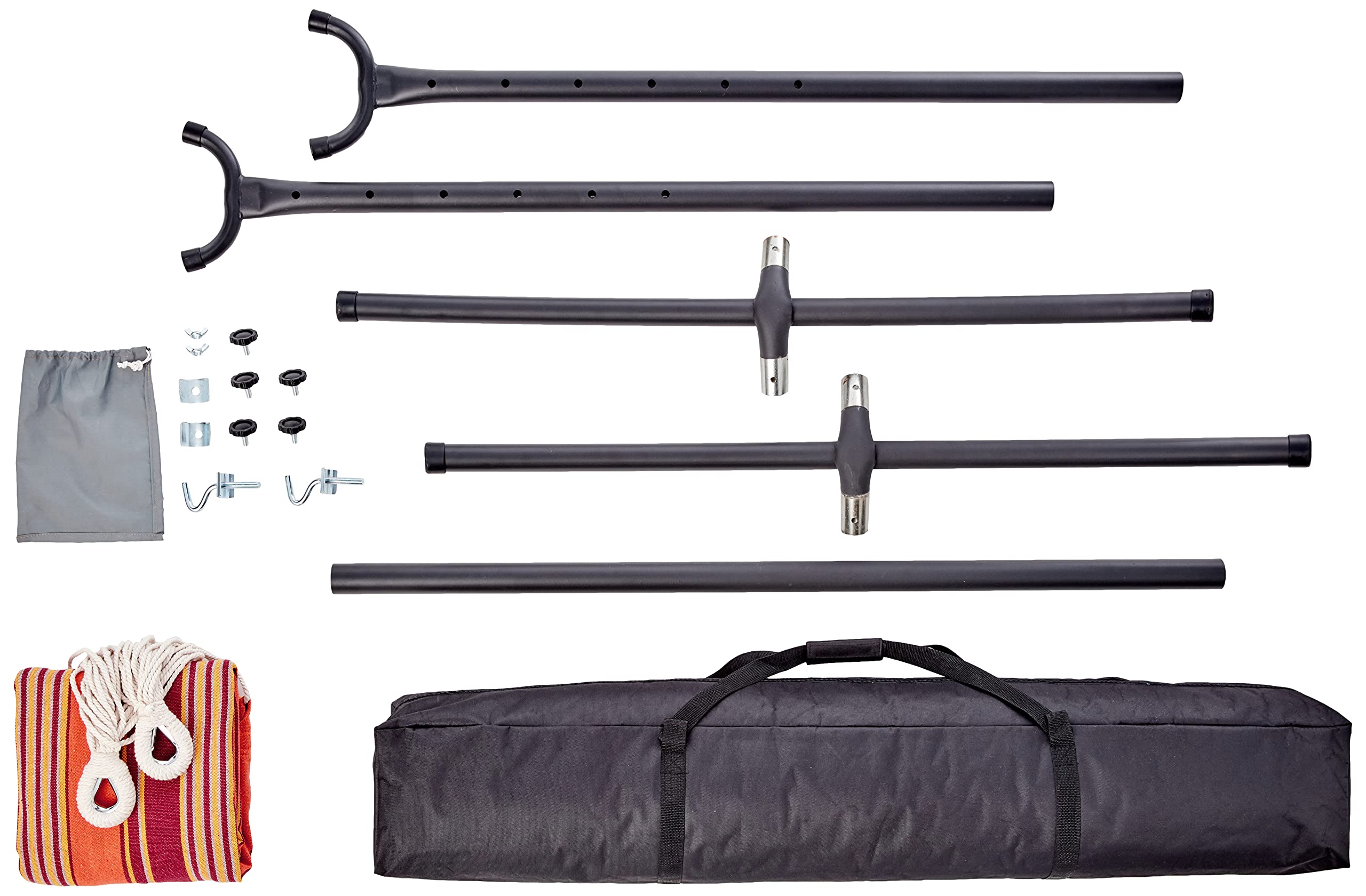 Amazon Basics 9-foot steel stand enables space-saving hammock setup in yards.