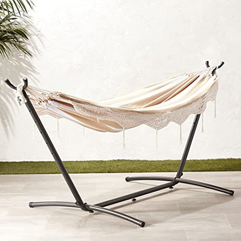 Amazon Basics backyard hammock setup shown on deck for outdoor relaxation.