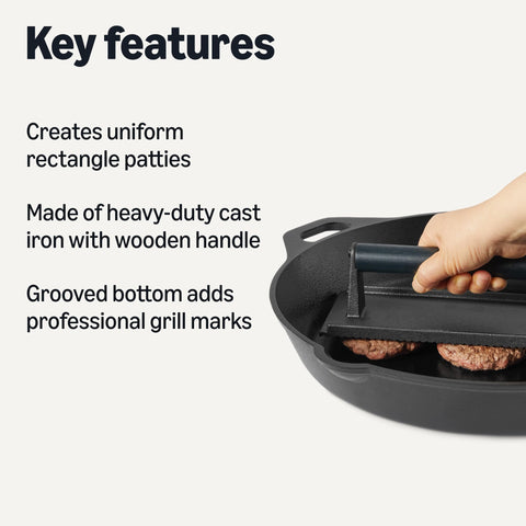Amazon Basics burger press with wooden handle, comfortable grip for easy patty shaping.